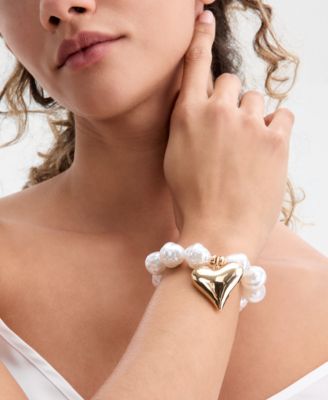 Heart Charm Imitation Pearl Beaded Stretch Bracelet, Macy's Exclusive