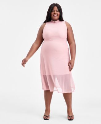 Bar III - Trendy Plus Size Mesh Mock-Neck Fit & Flare Dress