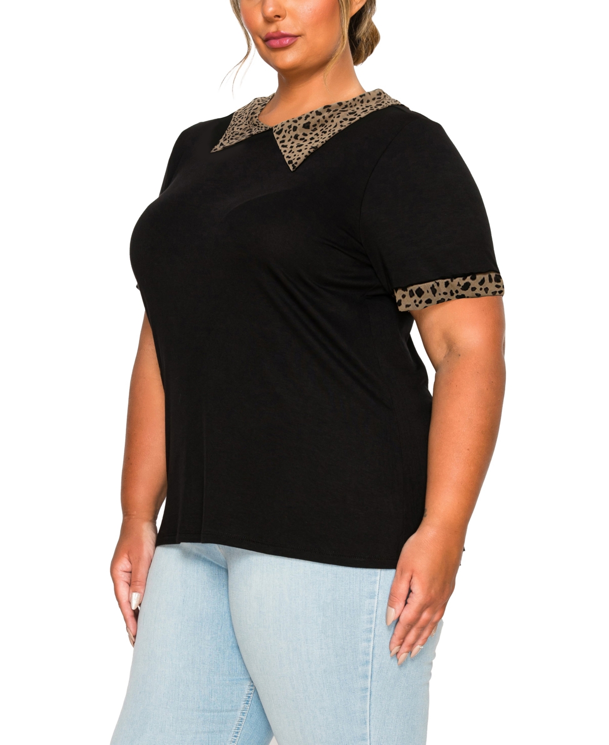Coin 1804 Plus Size Pebble Mesh Collar Keyhole Back Short Sleeve Top In Black