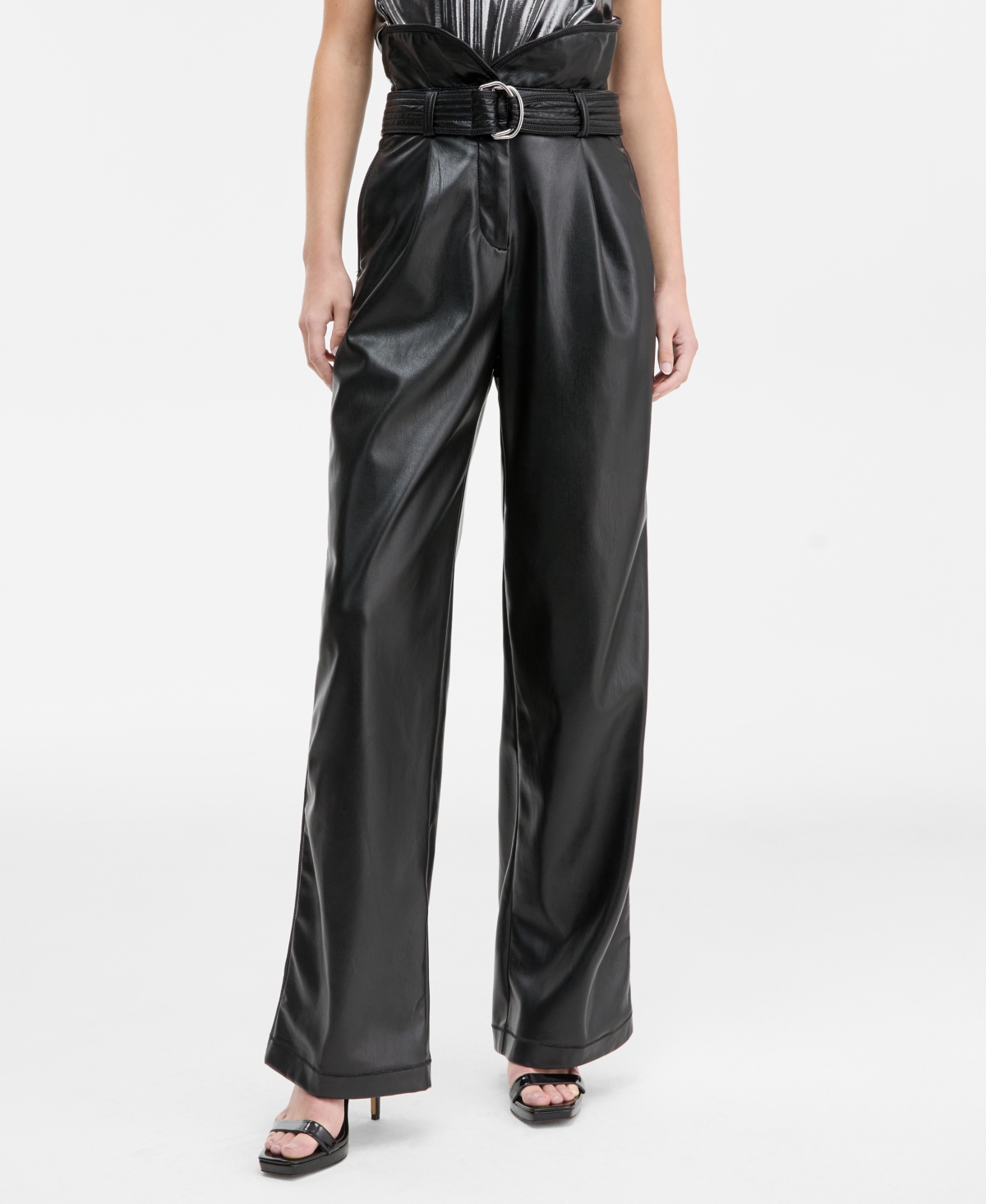 Hugo Boss Women's Ultra High-waist Belted Faux-leather Pants In Black