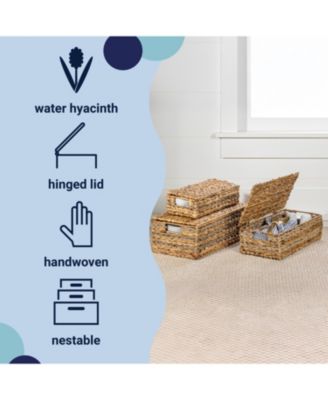 Hand-Woven Hyacinth Storage Baskets with Handles and Lids (Set of 3)