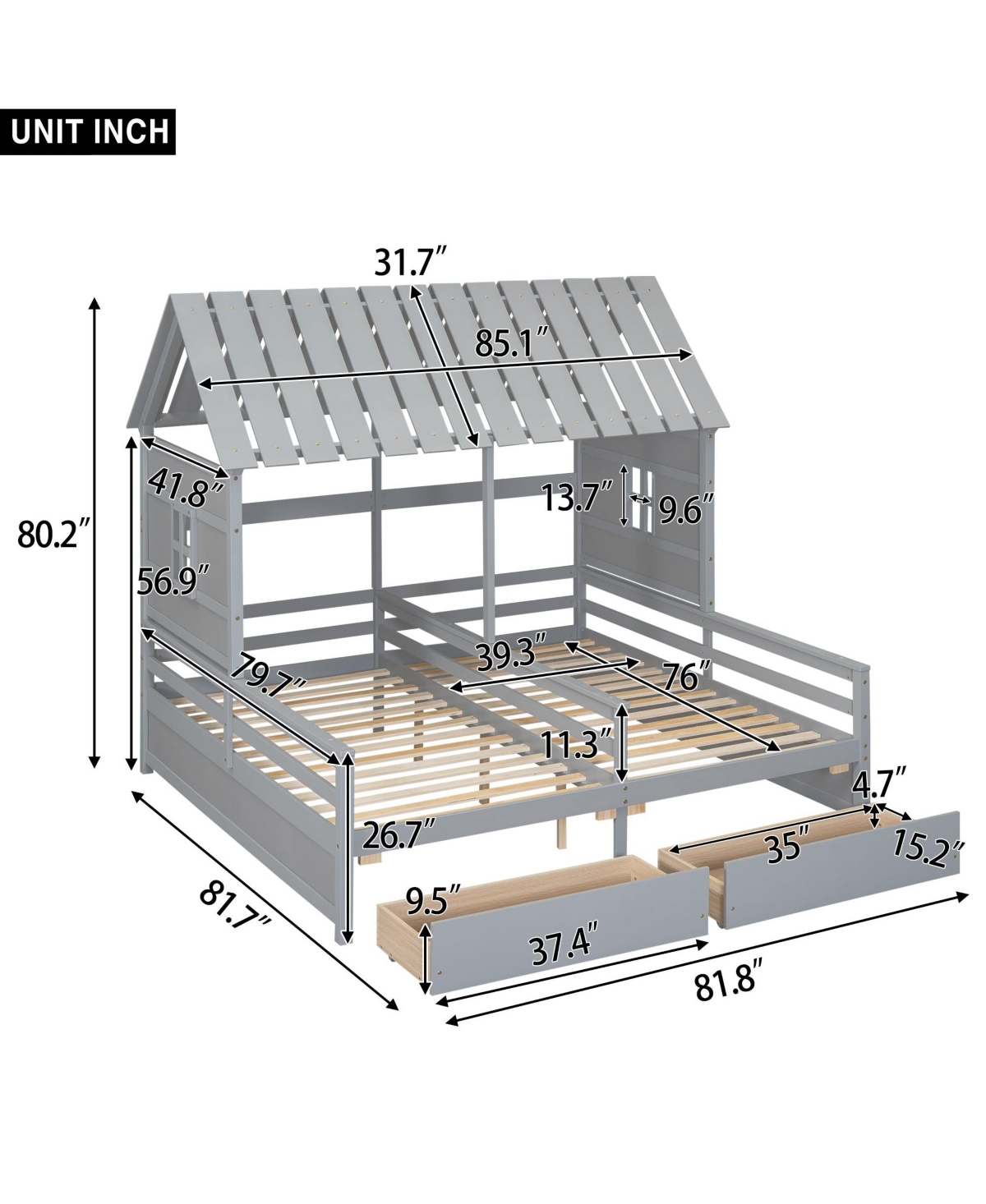 Twin House Platform Beds with Two Drawers for Boy and Girl Shared Beds, Combination of 2 Side by