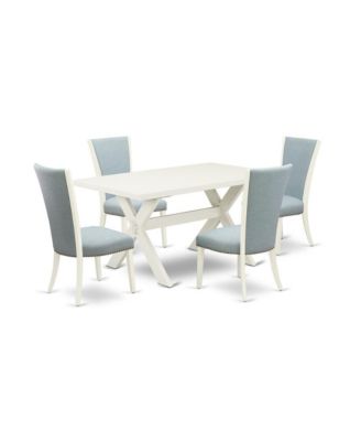 5 Piece Modern Dining Table Set - 4 Baby Blue Linen Fabric Parson Dining Chairs with Nailheads and Linen White Wood Table - Linen White Finish