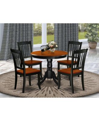 5-Piece Asian Hardwood Pedestal Table with Wooden Seat Chairs Dining Room Set