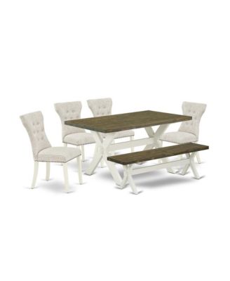 modern wood dining set with tufted fabric chairs and bench