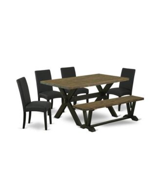 6-Piece Dining Table Set- 4 Kitchen Chairs with Black Linen Fabric Seat and Stylish Chair Back - Rectangular Top & Wood Kitchen Table and Wood Bench