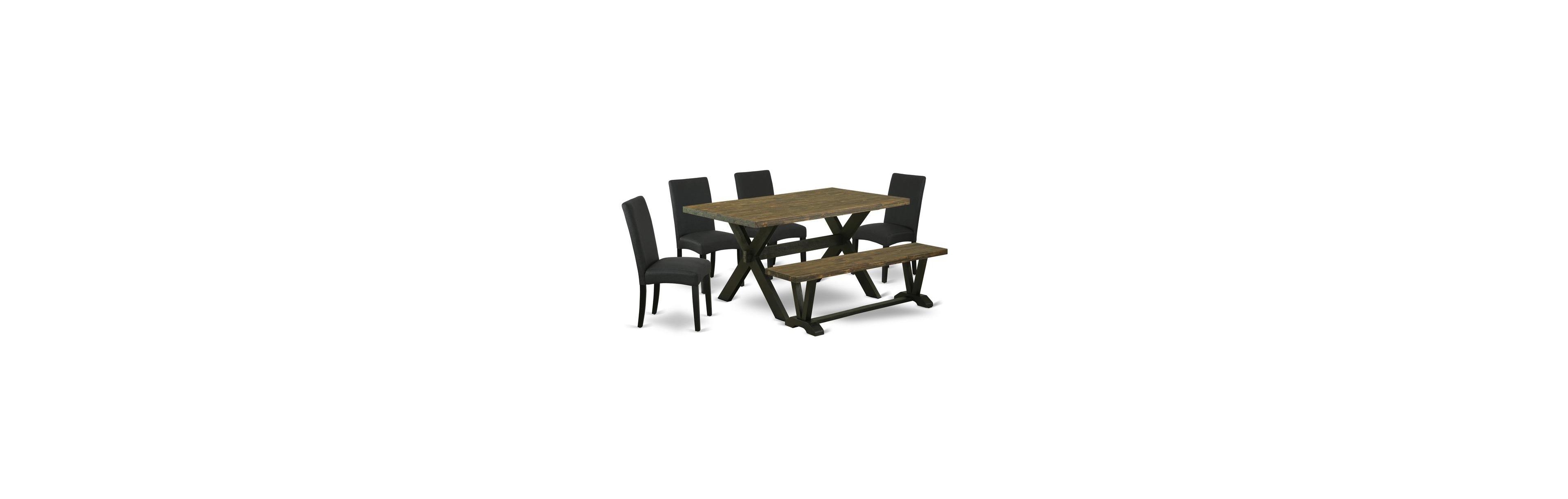 East West Furniture 6-Piece Dining Table Set- 4 Kitchen Chairs with Black Linen Fabric Seat and Stylish Chair Back
