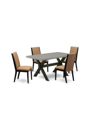 5-Piece Dining Set with Cement Finish Tabletop and 4 Linen Fabric Chairs with Stylish High Backs, Modern Kitchen Table