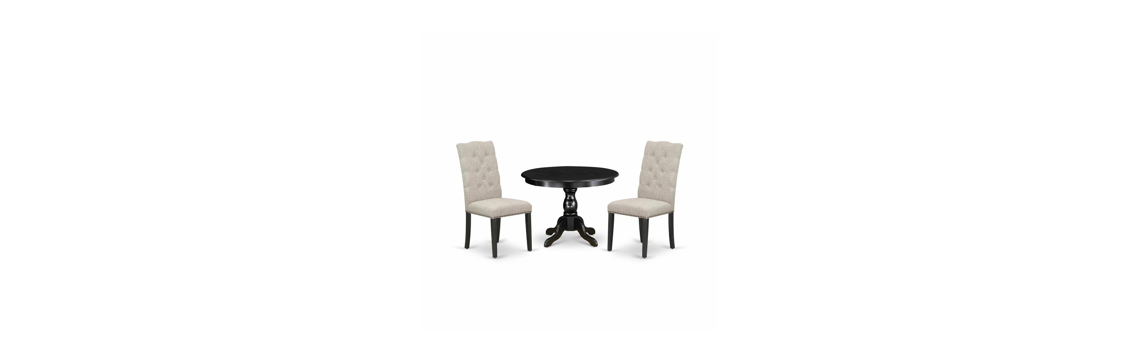 East West Furniture 3 Piece Kitchen Table Set - Black Dinner Table and 2 Doeskin Linen Fabric Dining Chairs Button Tufted Back with Nail Heads