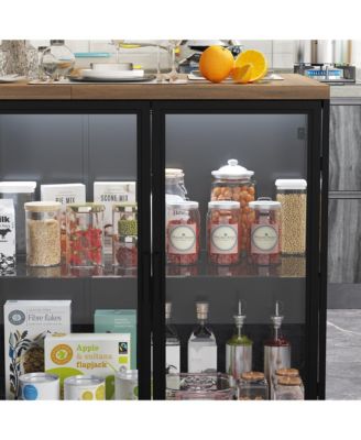 Kitchen Island with 3 drawers, glass shelves, light strip, dining table, coffee station and microwave rack for dining room