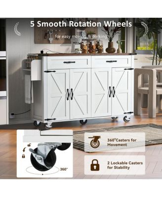 47.2" Farmhouse Rolling Kitchen Island Cart with Drop Leaf, Power Outlet, Spice Rack, Drawers & Storage Cabinet