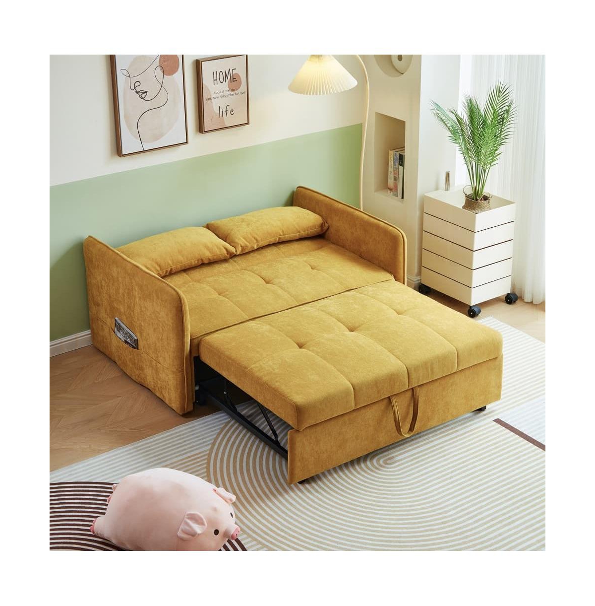 Maison Boucle Chenille Sleeper Loveseat, Yellow Pull-Out Sofa Bed with Adjustable Armrests for Small Spaces & Guest Room-Maison Boucle