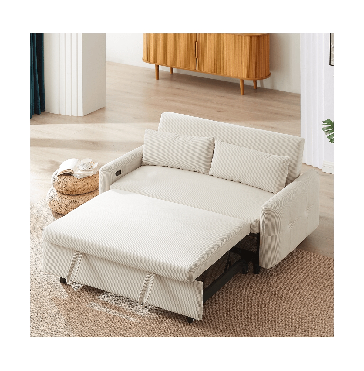 Maison Boucle 57.48" Pull Out Sleeper Loveseat, Convertible Sofa Bed with Usb Ports & Adjustable Backrest for Small Spaces-Maison