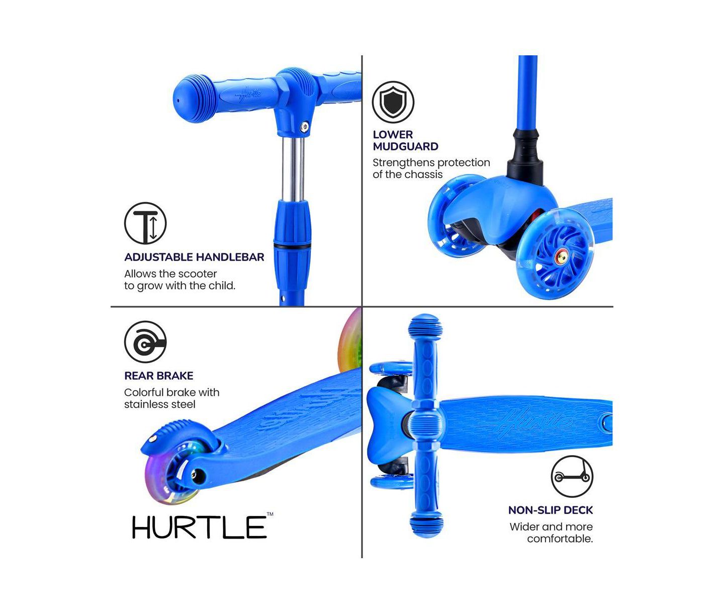 Детская игрушка Hurtle Lightweight 3-Wheel Mini Kickboard Scooter with LED Light Wheels, Ages 2+, цвет: Синий — фото 6
