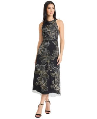 Maggy London - Women's Crew Neck Embroidered Midi Dress
