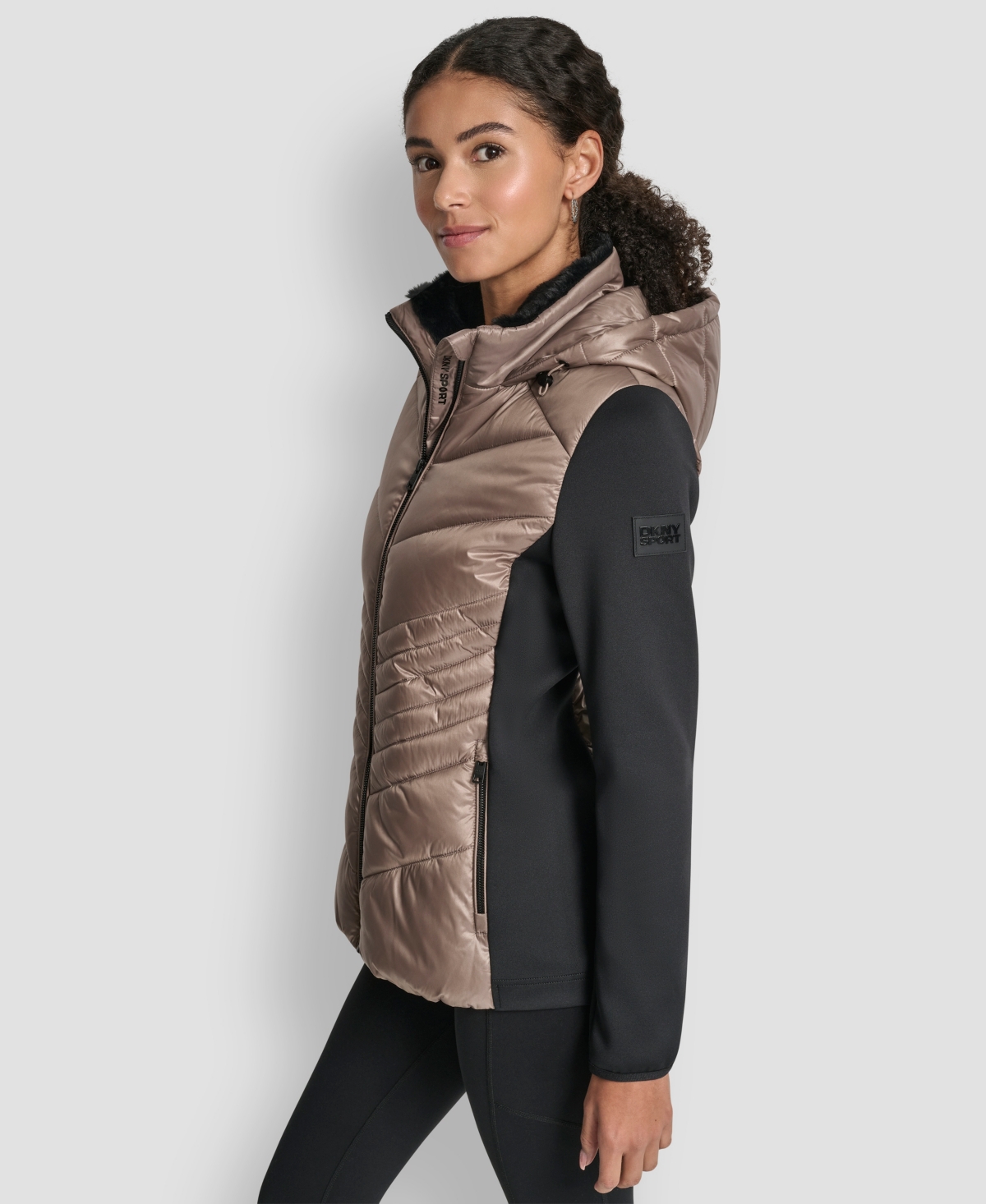 Dkny Women's Chevron Quilt Scuba Mix Collar Jacket In Brown