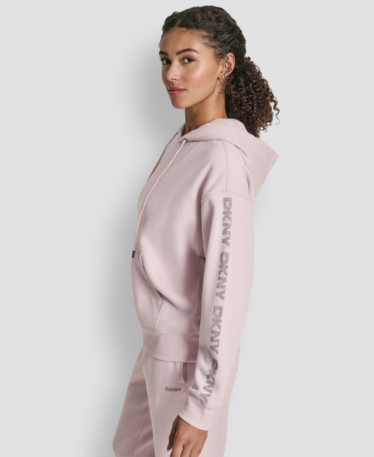 Dkny Sport Women's Rhinestone Logo Fleece Hoodie In Pink