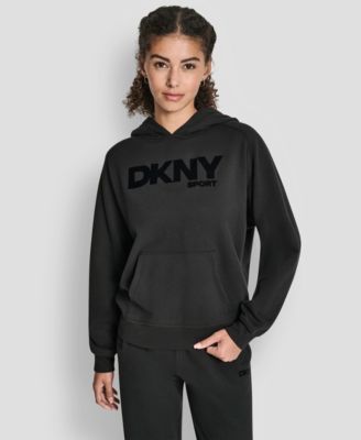 DKNY - Women's Flock Logo Kanga Pocket Pull-On Hoodie