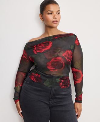 Women's Mesh Ruched Asymmetric Top, Regular and Plus Size