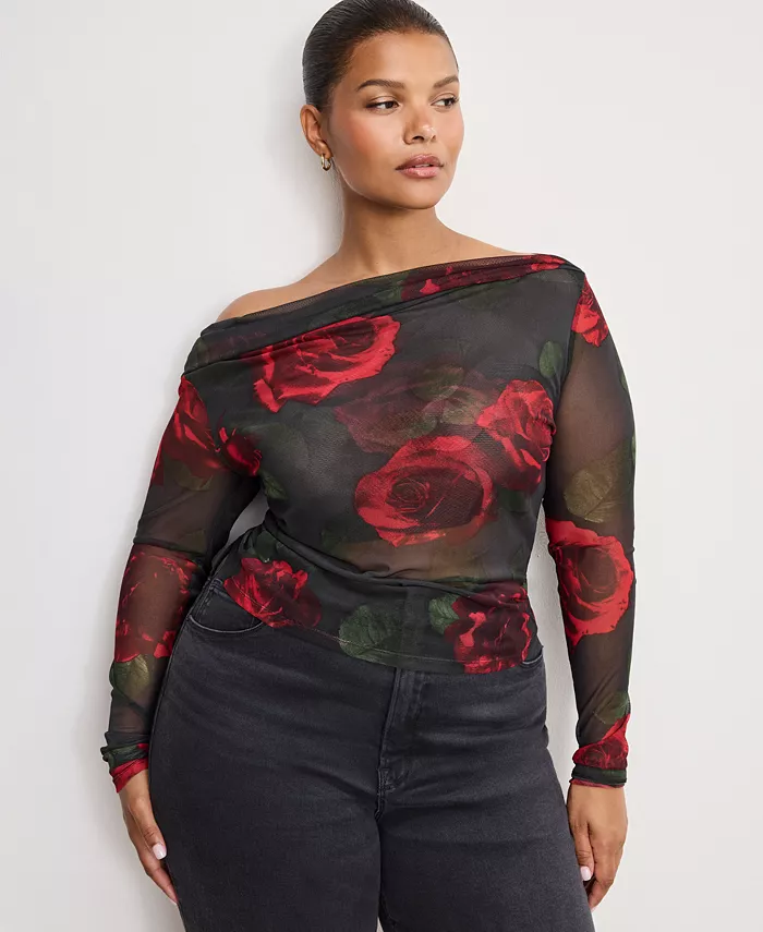 Women's Mesh Ruched Asymmetric Top, Regular and Plus Size - thumbnail 8