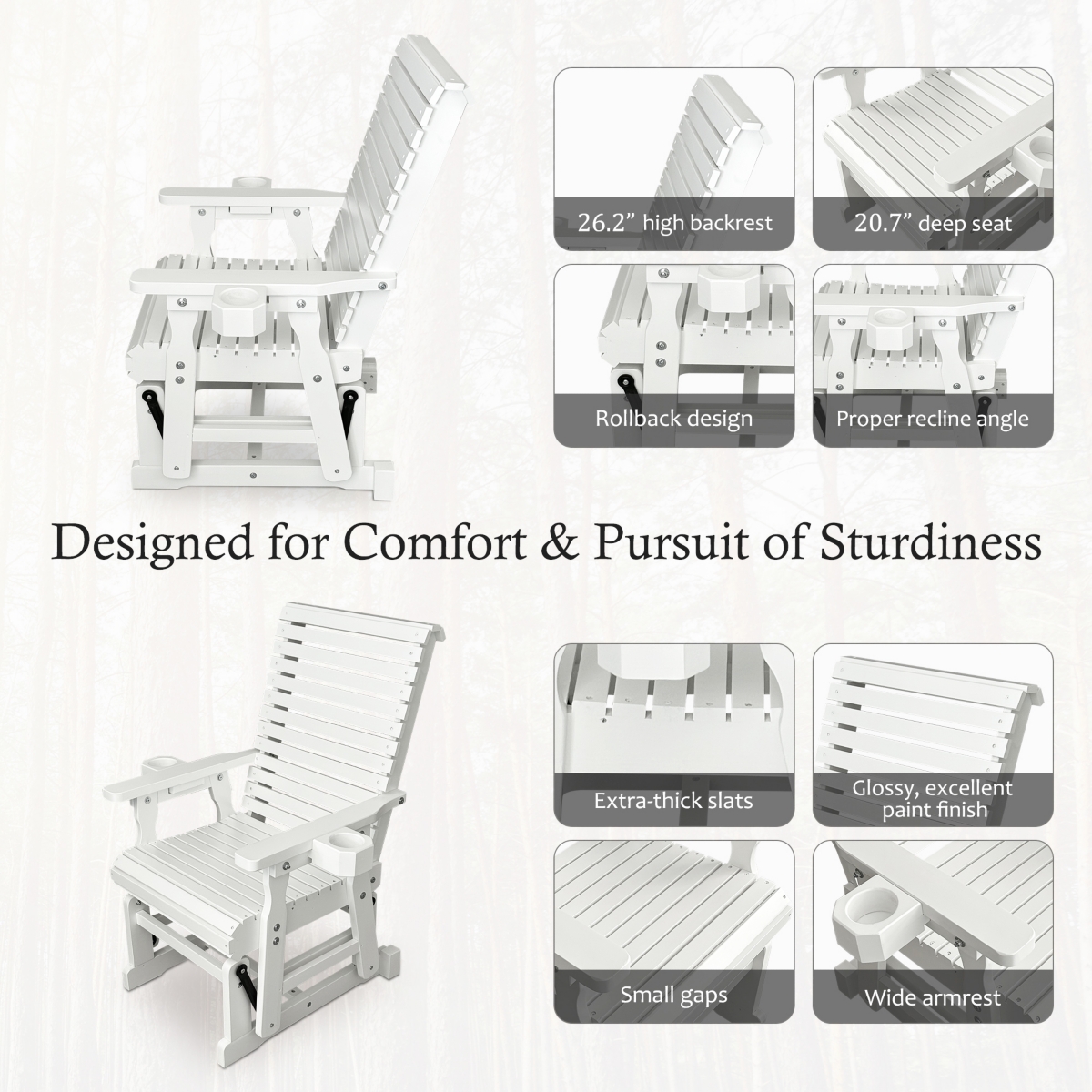 Mega Casa Patio Glider with Cup Holders, High Roll Back and Deep Contoured Seat, Heavy Duty 600 Lbs (1-Seater)