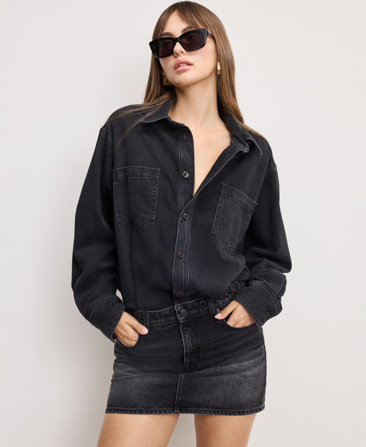 Good American Denim Long Sleeve Mini Shirtdress In Black