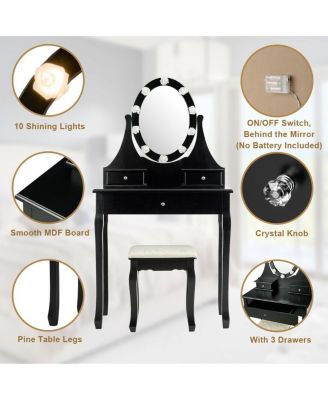 3 Drawers Lighted Mirror Vanity Dressing Table Stool Set