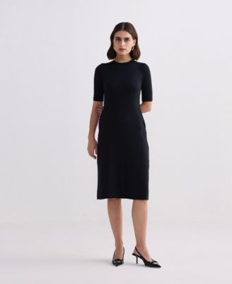 Women's High Crew Neck Elbow Sleeves Fitted Dress in Black