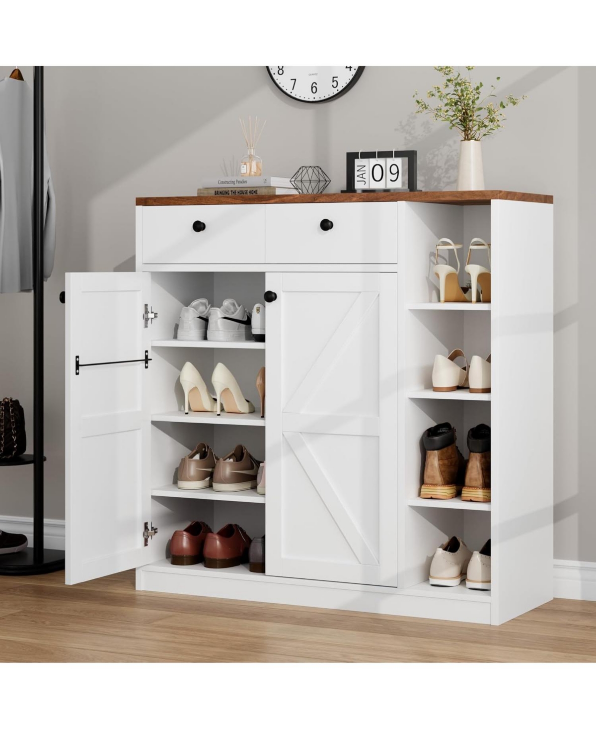 gaomon 42"Tall Modern Shoe Storage Cabinet with Doors and Drawers,3 Adjustable Shelves and Stable Base,4-Tier Shoes Rack Organizer Cabinet