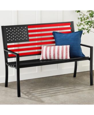 Indoor Outdoor Steel Garden Bench w/ American Flag Backrest, 790lb Capacity