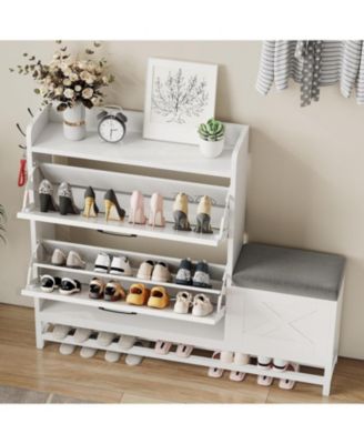 Shoe Cabinet with 2 Flip-Drawers & Storage Bench, Farmhouse Wood Freestanding Shoe Rack with 2 Hooks & Bottom Shelf, White