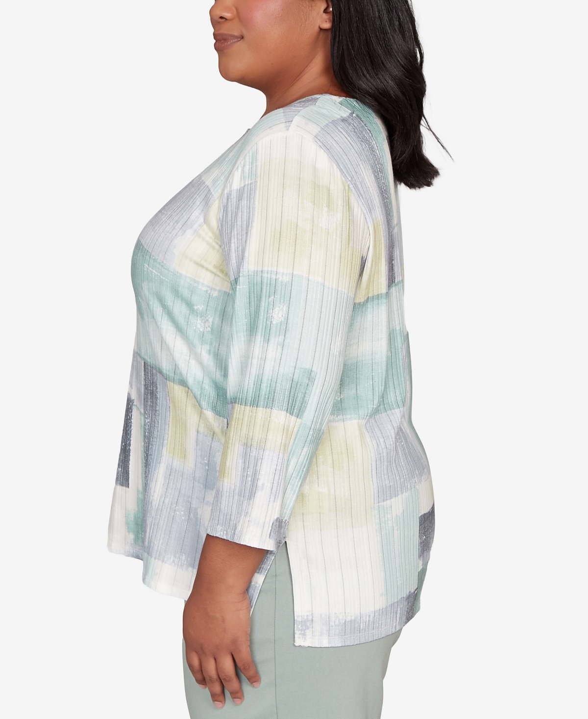 Alfred Dunner Plus Size Stockbridge Soft Colorblock Rib Texture Knit Top In Blue