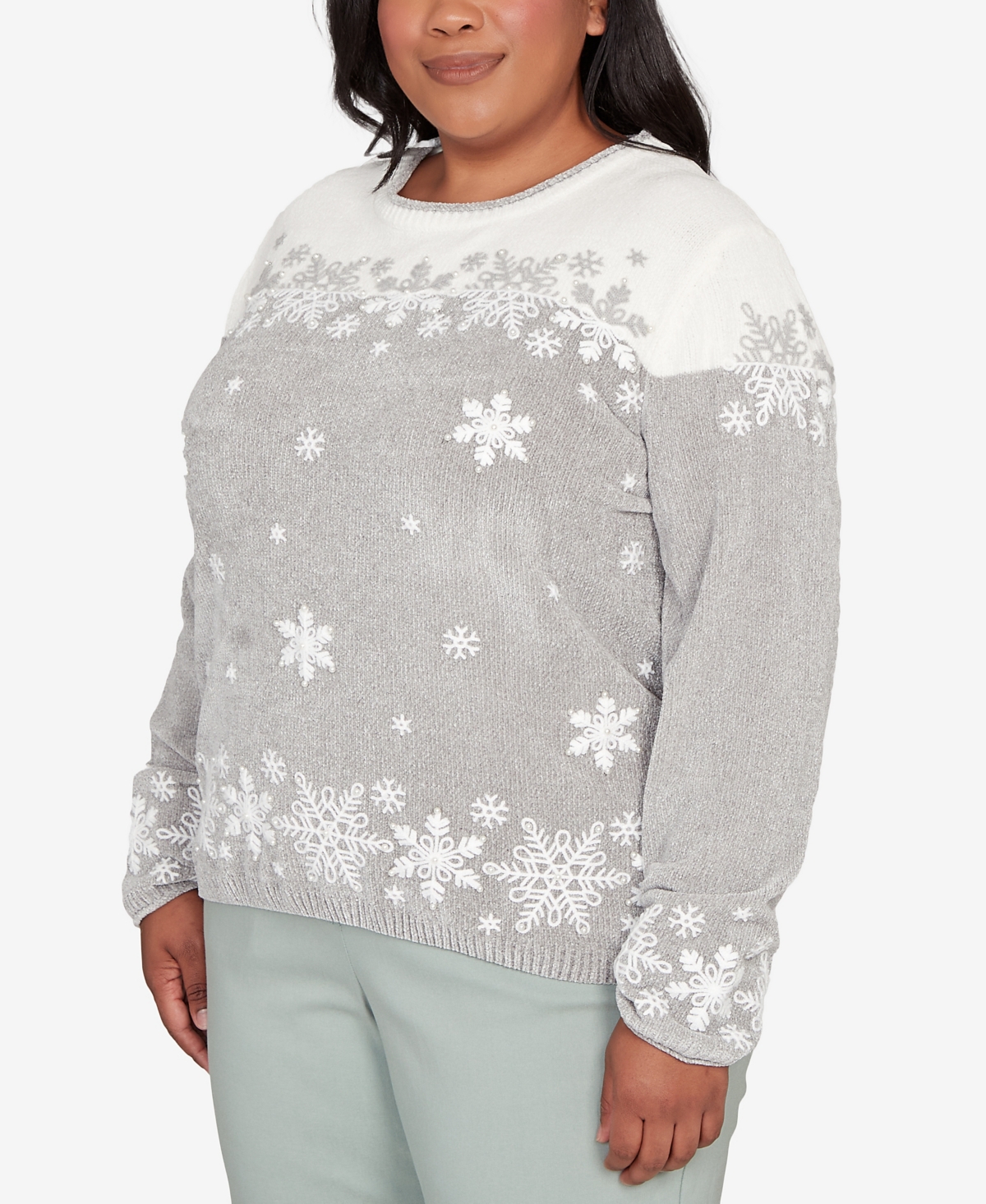 Alfred Dunner Plus Size Stockbridge Snowflake Embroidery Chenille Sweater In Gray