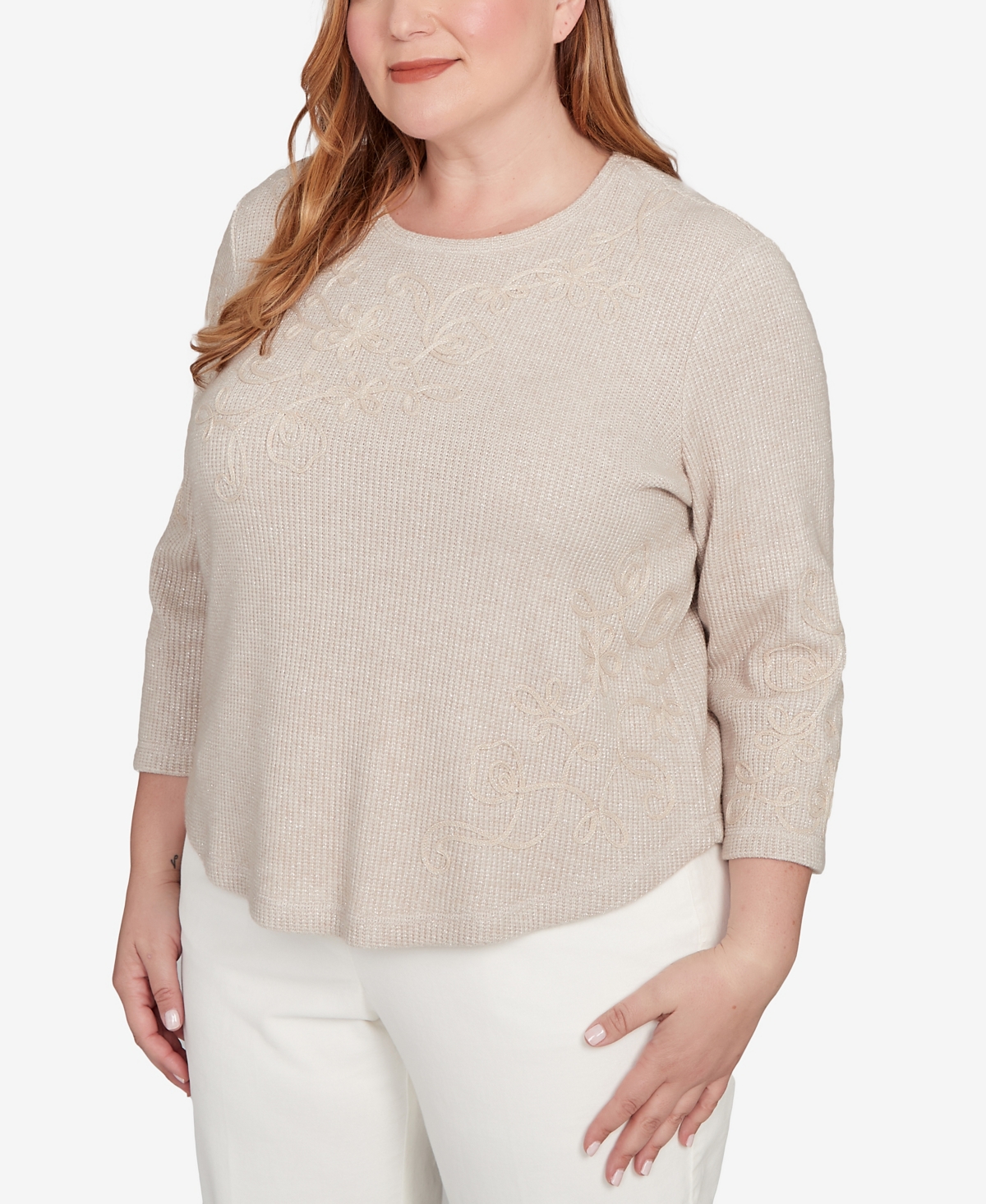Alfred Dunner Plus Size Vienna Asymmetrical Floral Soutache Knit Top In Brown