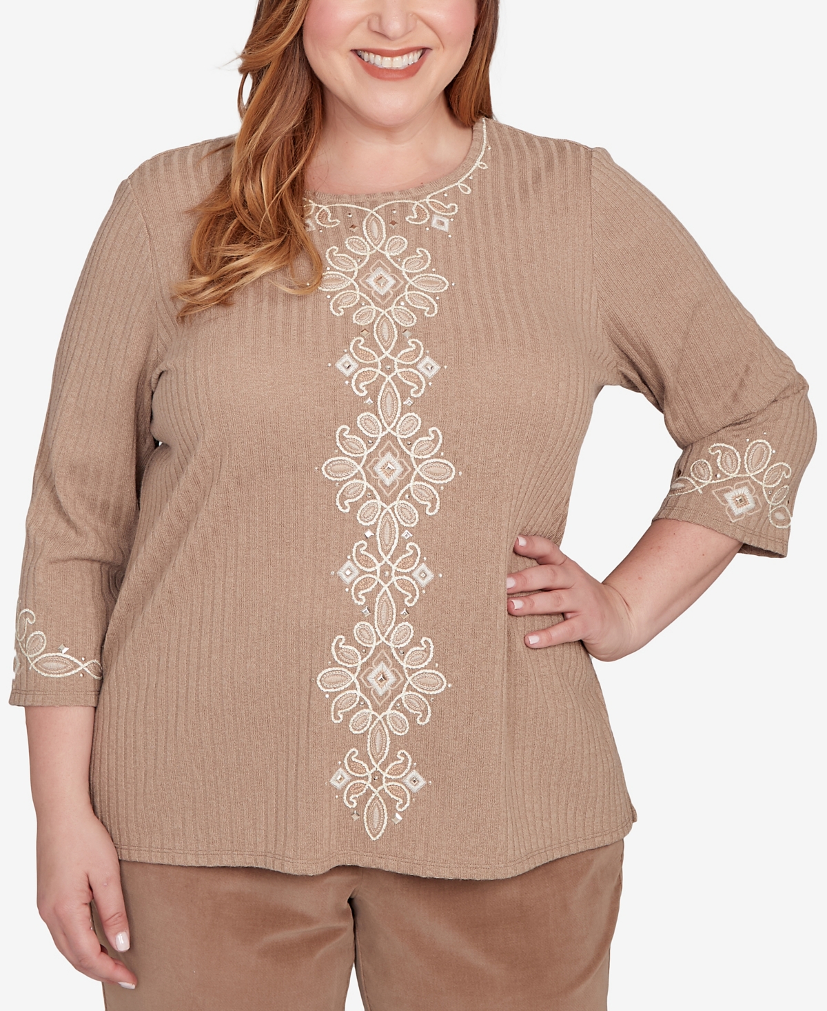 Alfred Dunner Plus Size Vienna Embroidered Medallion Center Knit Top In Brown