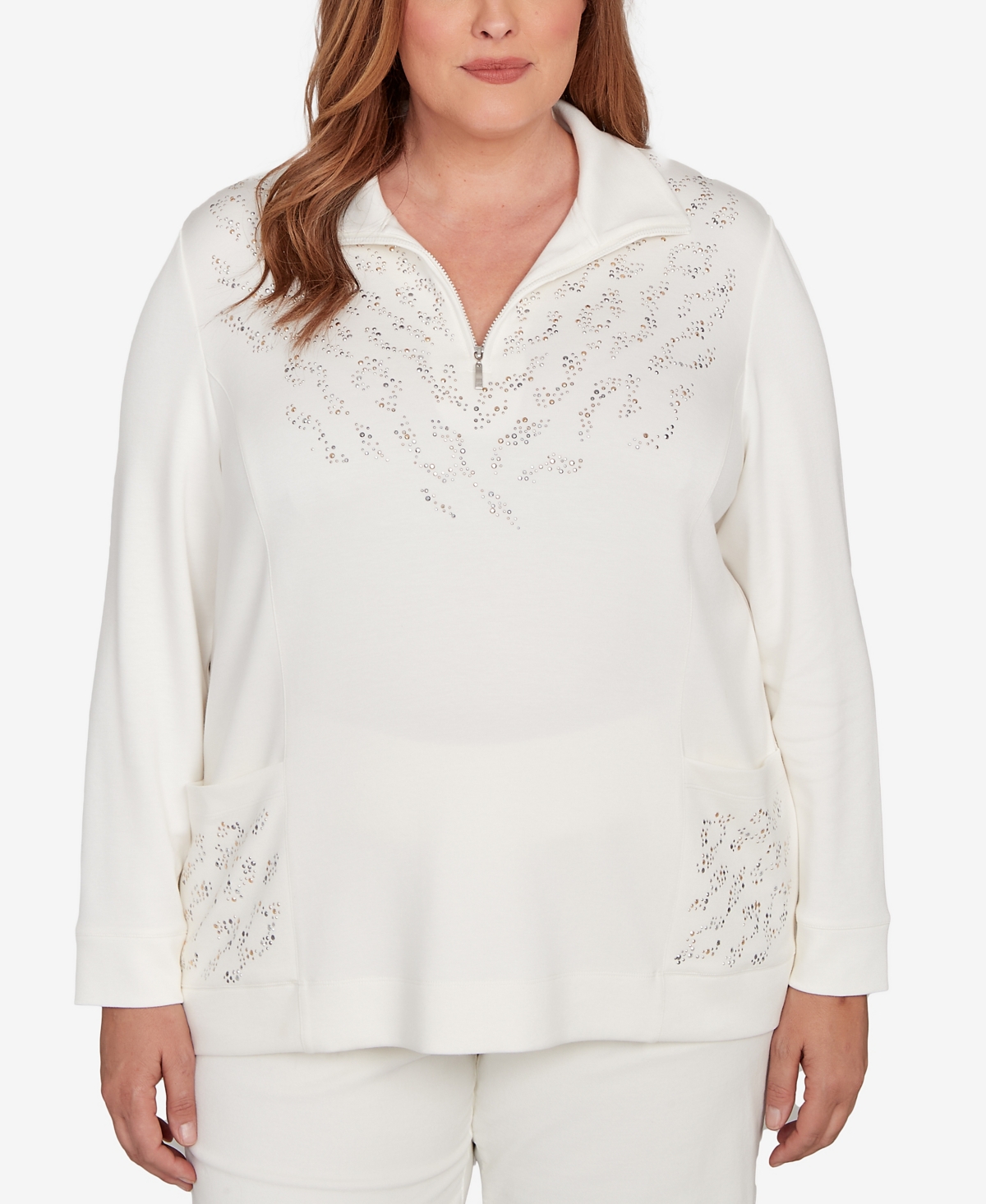 Alfred Dunner Plus Size Vienna Metallic Studded Animal Pattern Knit Top In White