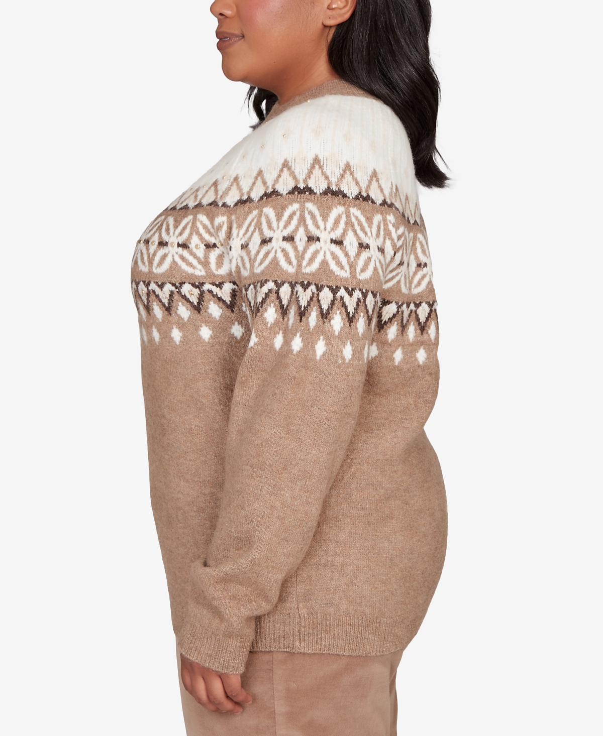 Alfred Dunner Plus Size Vienna Fair Isle Gold Studded Sweater In Brown