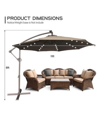 11FT Solar Offset Umbrella with 32 LED Lights Cantilever Hanging Outdoor Umbrellas Handy Crank & Cross Base for