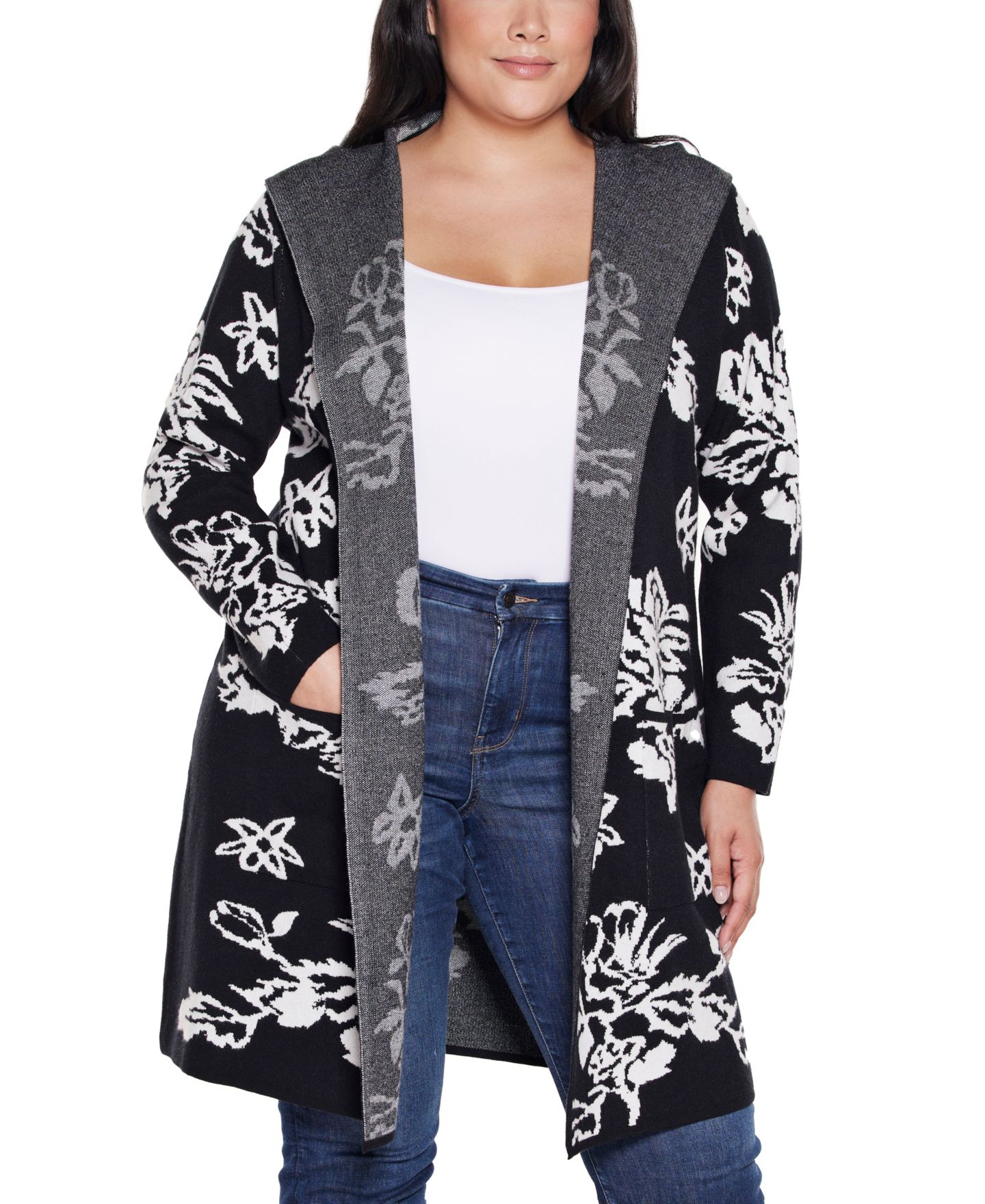 Женский свитер Belldini Plus Size Hooded Fall Botanicals Coatigan, цвет: Чёрный комбинированный — фото 1