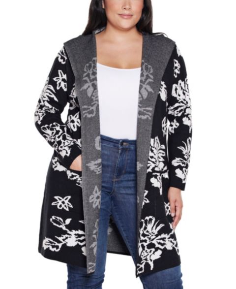Женский свитер Belldini Plus Size Hooded Fall Botanicals Coatigan, цвет: Чёрный комбинированный