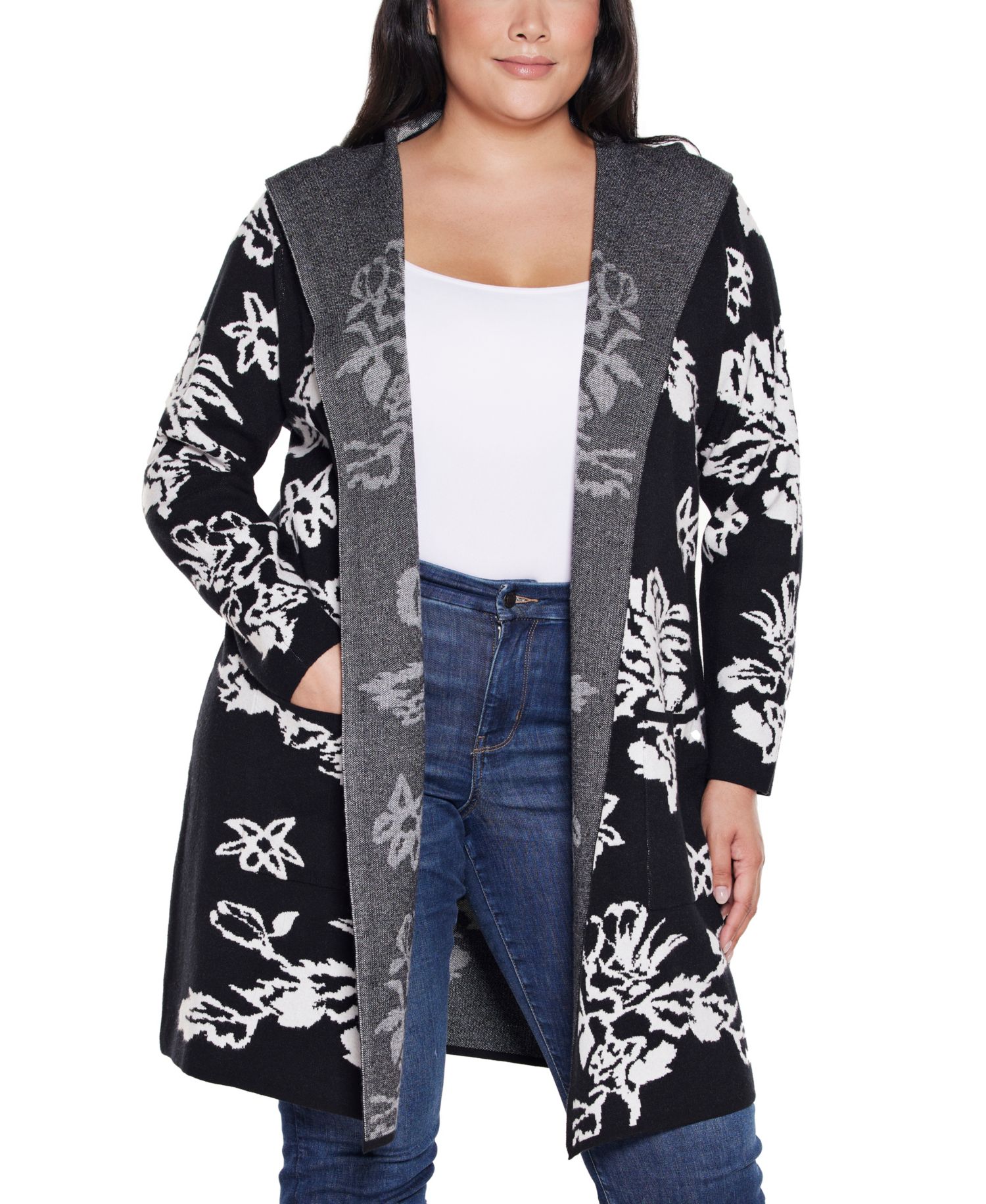 Plus Size Hooded Fall Botanicals Coatigan Sweater