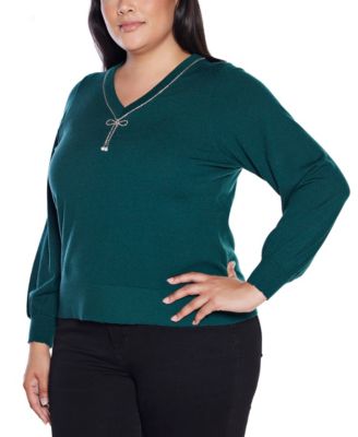 Plus Size  V-Neck Rhinestone-Bow Sweater