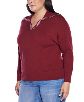 Plus Size  Rhinestone-Trimmed Split-Neck Sweater