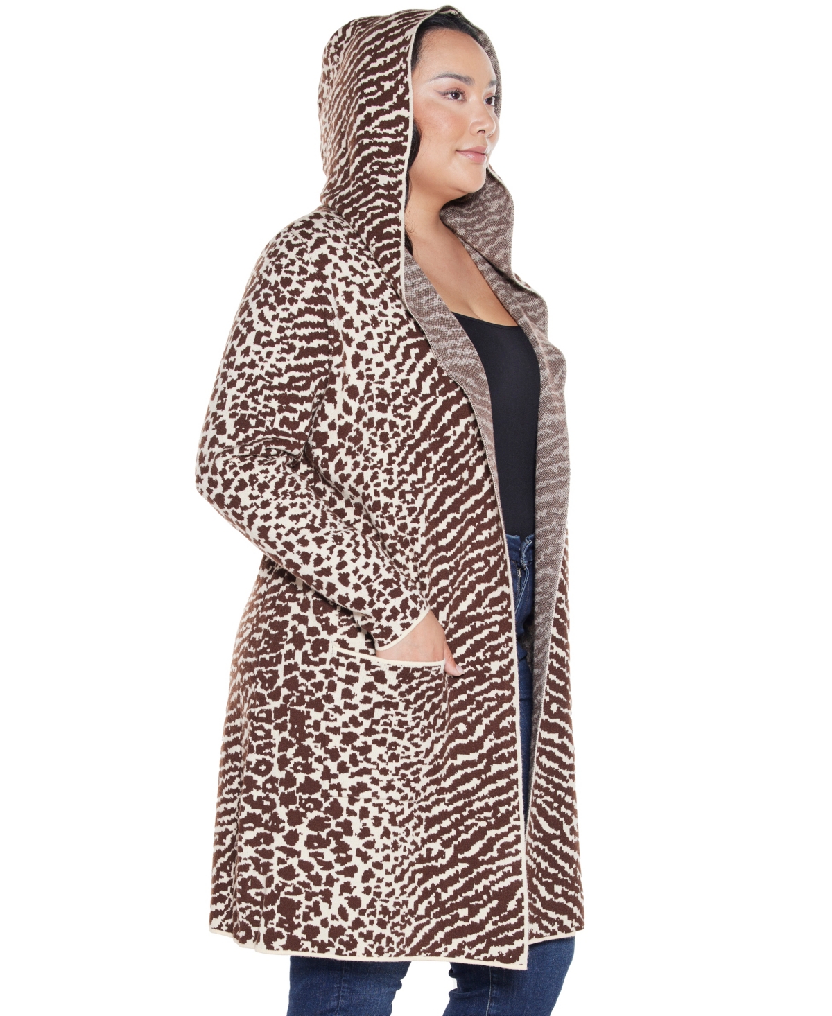 Belldini Plus Size Urban Safari Hooded Coatigan Sweater In Brown