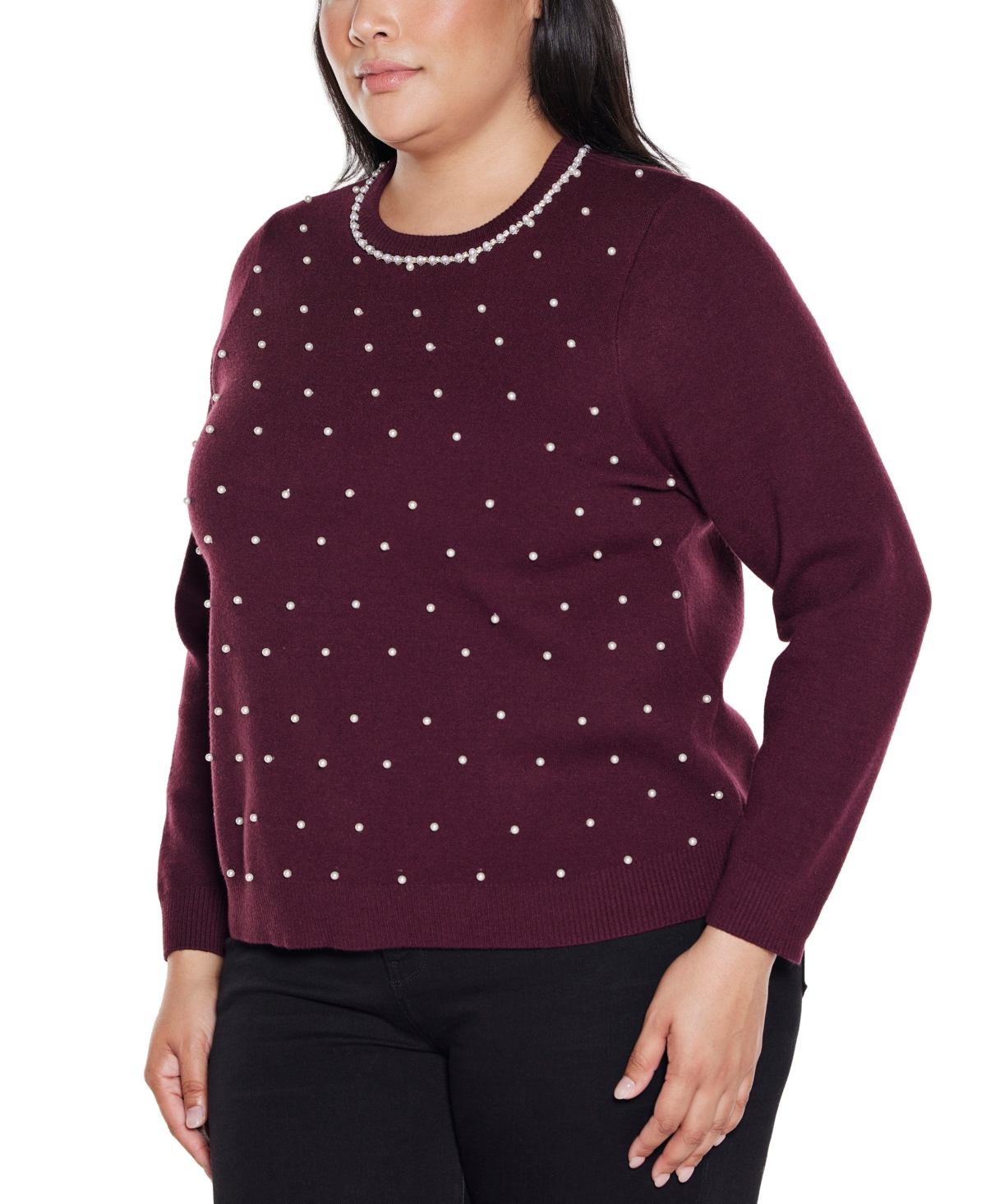 Belldini Plus Size Front-embellished Sweater In Burgundy