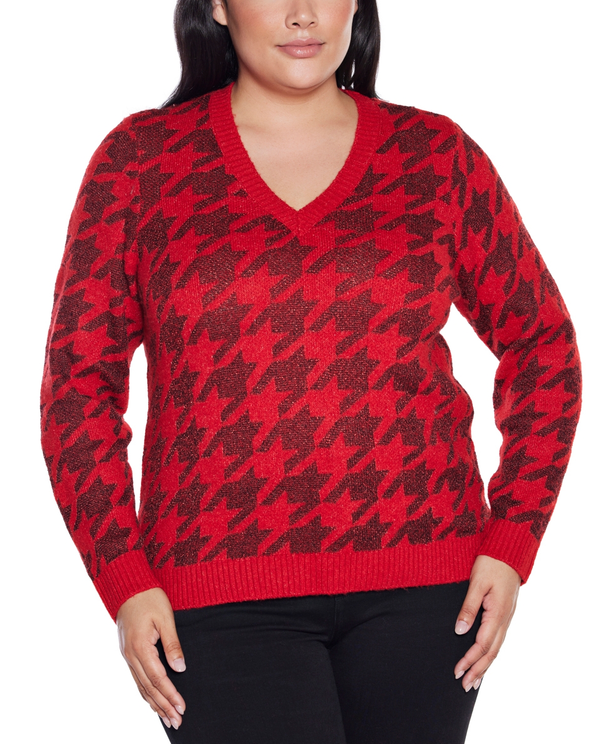 Belldini Plus Size Stylized-houndstooth V-neck Sweater In Red
