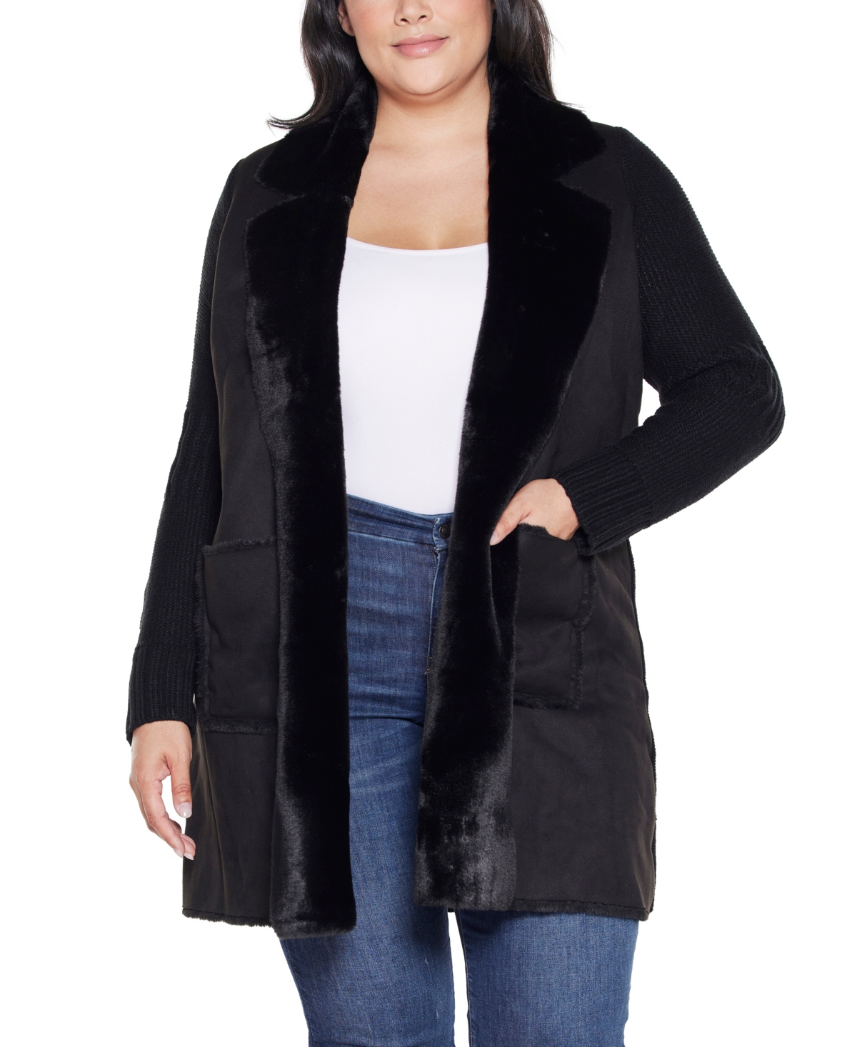 Belldini Plus Size Black Label-trim Cardigan Sweater In Black