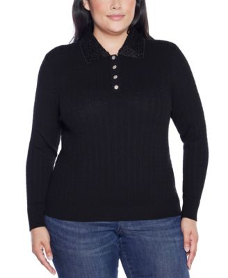 Plus Size Black Label  Beaded Collar Sweater