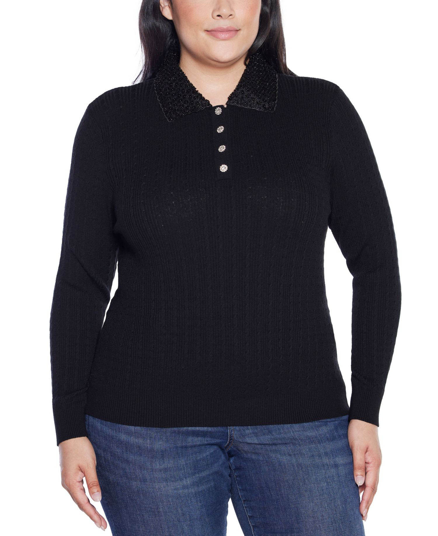 Plus Size Black Label Beaded Collar Sweater