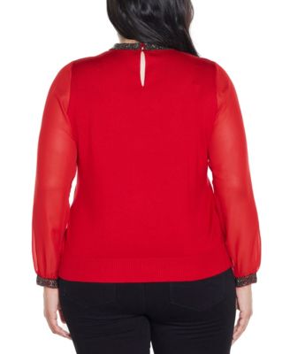 Plus Size Black Label Rhinestone-Neckline Chiffon-Sleeve Sweater